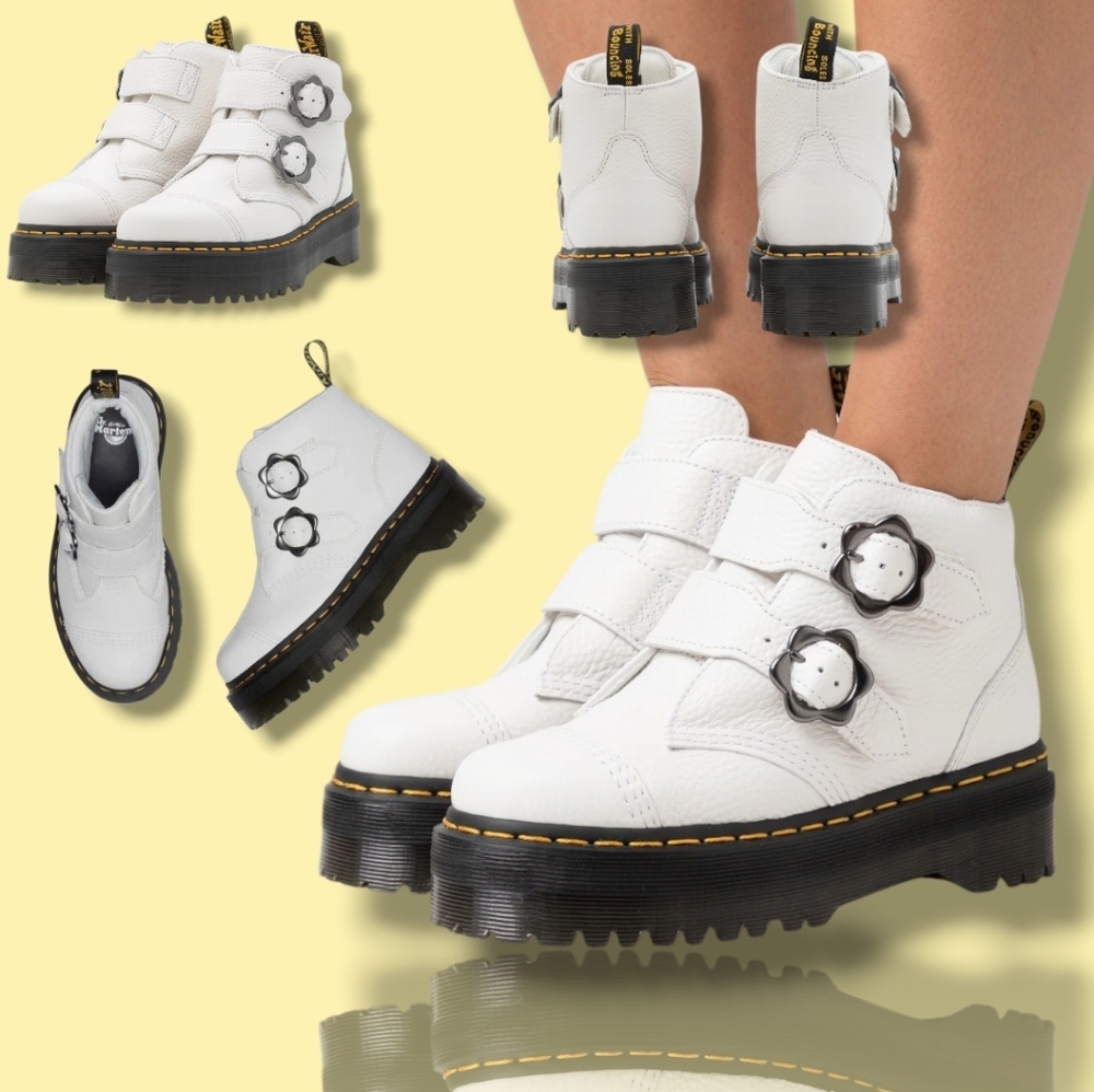 Like New 🤍🖤 Dr Martens Ladies Devon Flower Quad White Leather Platform Boots